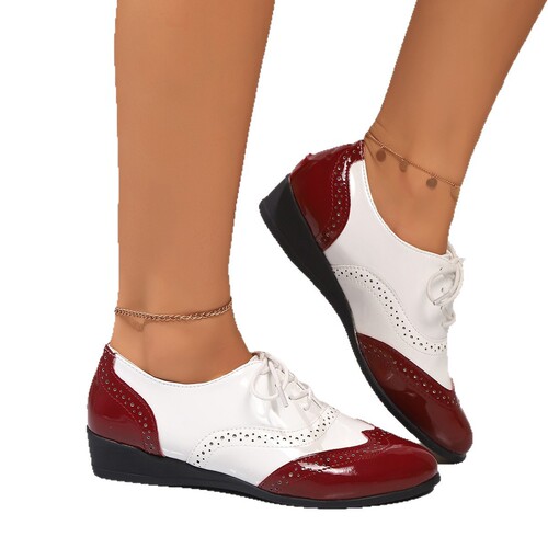 Spring new style fashionable thick-heeled shoes 43 large size color-matching carved lace women's single-layer shoes