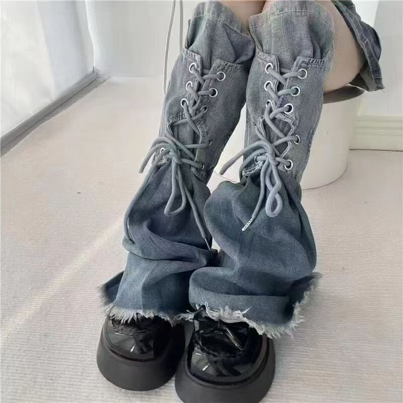 Millennial Hot Girl Gradient Color Denim Leg Warmers Slimming and Height-Enhancing Design with Straps and Tassels Mid-Calf Boots and Socks Versatile