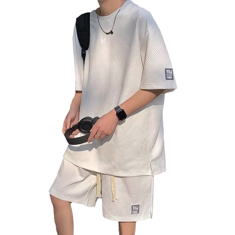 Waffle verano deportes traje de los hombres casual suelta marca de moda camiseta de cinco puntos INS de moda de manga corta pantalones cortos de dos piezas conjunto