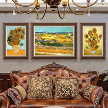 梵高世界名画美式客厅背景装饰画欧式花卉挂画丰收星空三联墙壁画