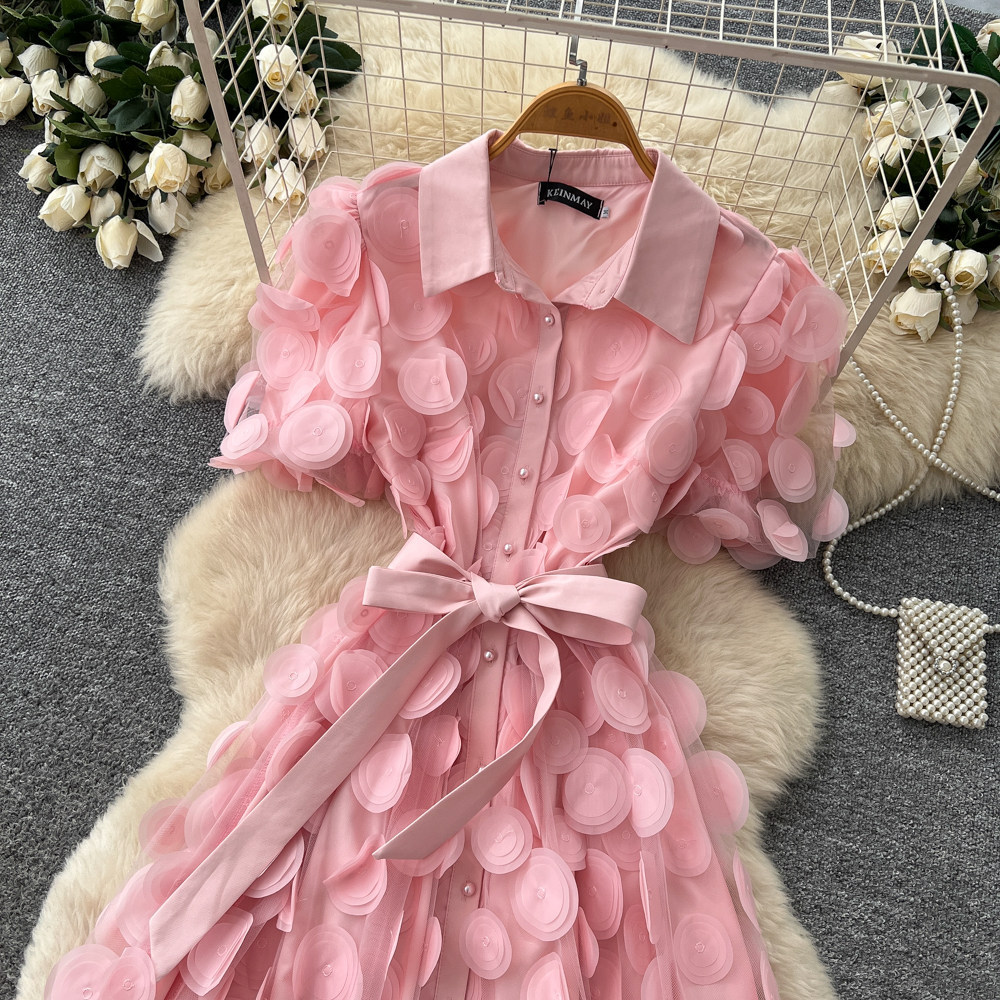 Elegant French Style Lace Dress for Women Summer Short Sleeve A-Line Skirt Tie Waist Sophisticated Lapel_ecoleips.com