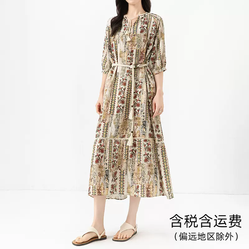鑫阁波西米亚度假风连衣裙夏季薄款宽松显瘦流苏腰绳亚麻印花长裙
