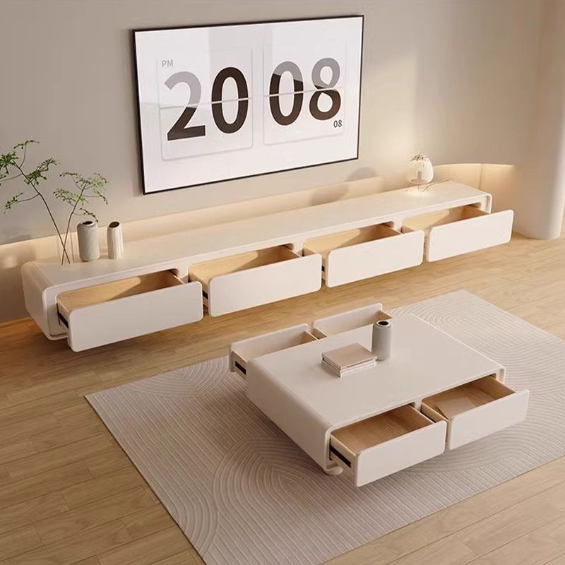 Cream Style Tv Cabinet Coffee Table Combination Living Room Home Modern Minimalist Style Small Apartment Rounded Corner Floor-Standing Tv Cabinet