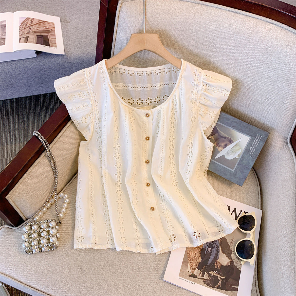 高级感小香风小飞袖衬衫女夏季2025新款宽松洋气法式镂空小衫上衣