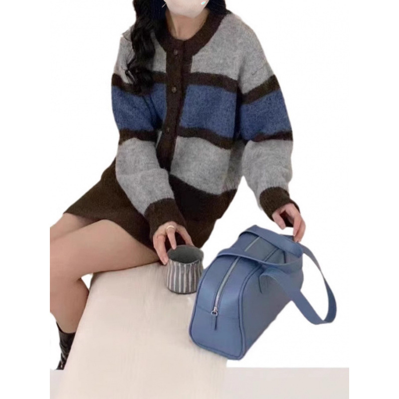 KANING韩版复古撞色条纹针织开衫2025秋冬新款减龄宽松毛衣外套女|undefined