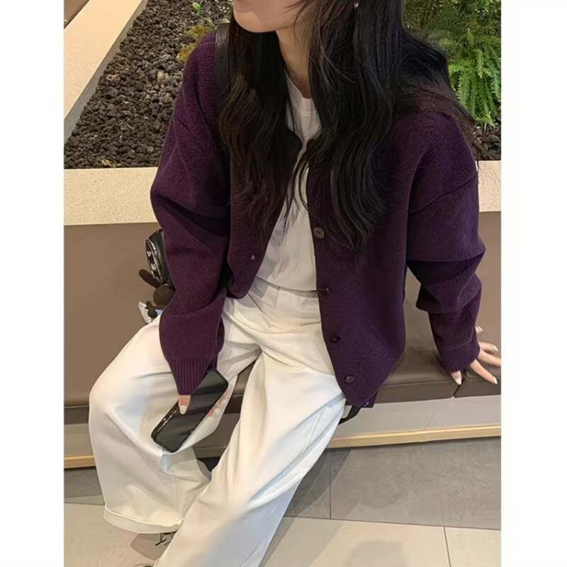 韩系慵懒风紫色开衫毛衣女外套秋冬季新款宽松软糯感上衣针织衫|undefined