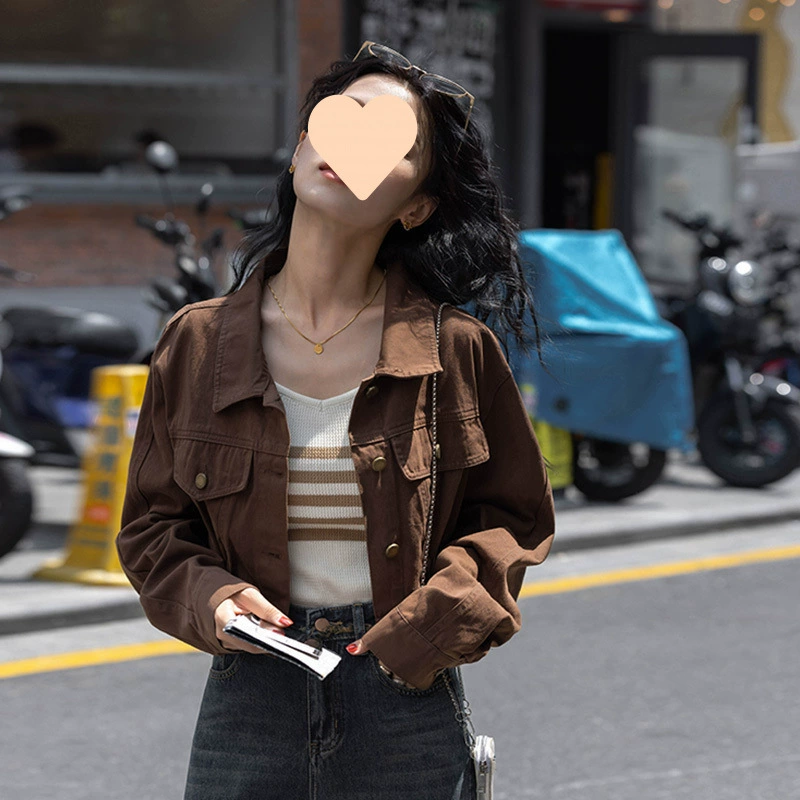 Женская куртка с длинными рукавами в стиле Майяра, кофейного цвета, новинка весны и осени 2025 года, миниатюрная, стройнящая, короткая рабочая куртка-топ