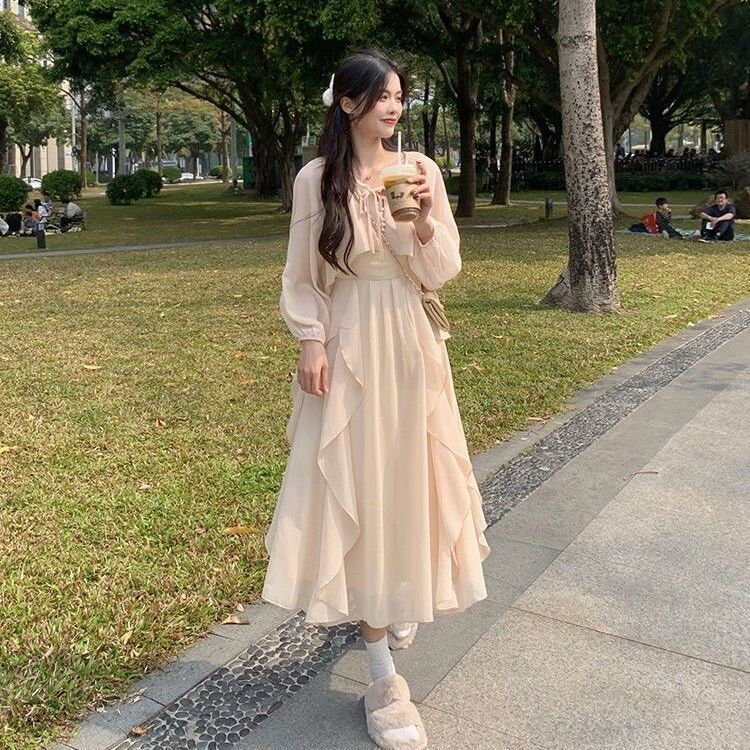 温柔风收腰显瘦气质吊带连衣裙套装女+森系高级感长袖防晒开衫女|undefined