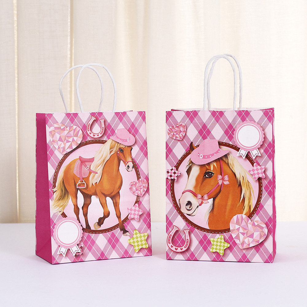 骏马主题礼品袋生日派对糖果手提袋粉色格子购物袋批发牛皮纸纸袋