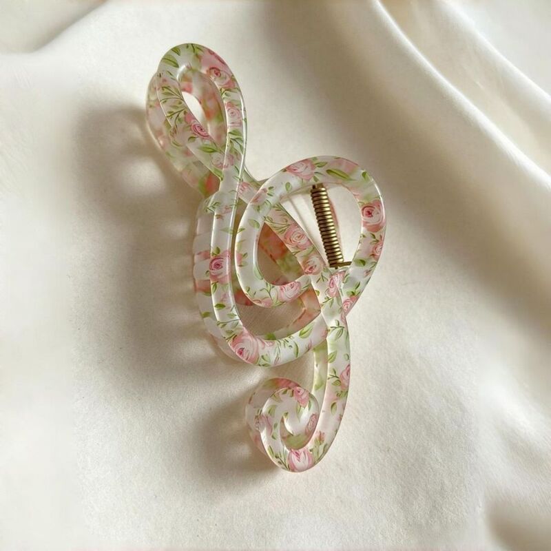 【Spring Melody】Pink Floral Musical Note Hair Clip, Sweet French-Style Large Shark Clip for Updos and Hair Styling Accessories for Women