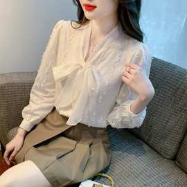2026春季新款系带蝴蝶结韩版蕾丝衫雪纺衫甜美洋气长袖上衣
