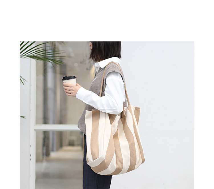 506g Weight Open Closure Type Double Shoulder Straps Strap Type Canvas Bag Bags Type Casual, Daily Occasion Canvas Material Stripe Pattern All Seasons Season Women's Gender Basic, Classic Style Style Large Size Women's Large Canvas Stripe Basic Classic Style Open Canvas Bag 3