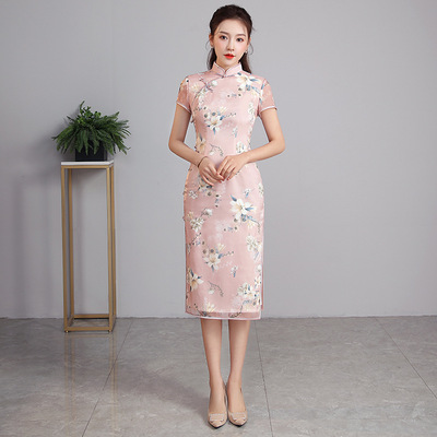 Xiuguan Tang Fenqian 2021 summer new pattern Improvement Bright silk classical Chiffon location printing Ethnic style Cheongsam skirt