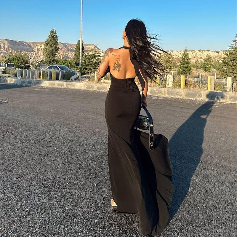 Women's Sheath Dress Sexy Halter Neck Backless Sleeveless Solid Color Maxi Long Dress Daily Date Bar display picture 3