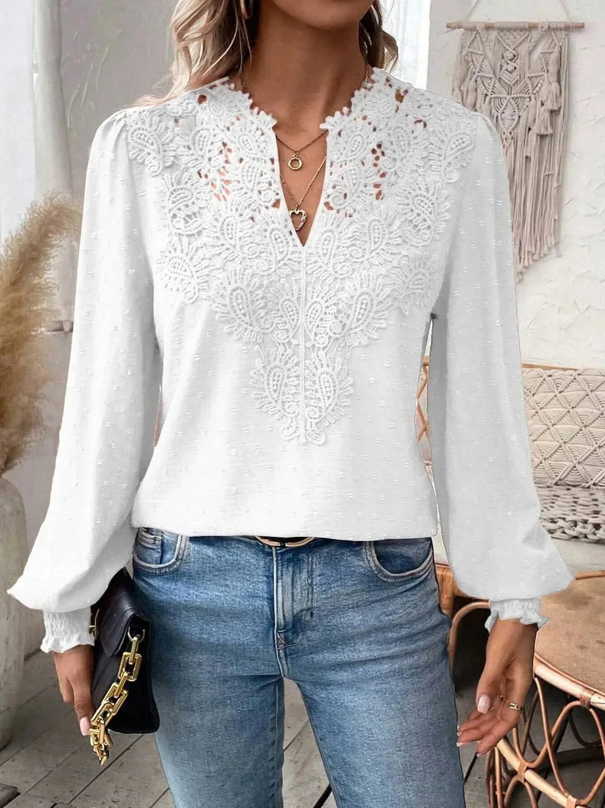 2024 European and American Amazon Cross-Border Autumn and Winter New Fashion V Neck Lace Pure Color Long-Sleeved Casual t Women's Tops