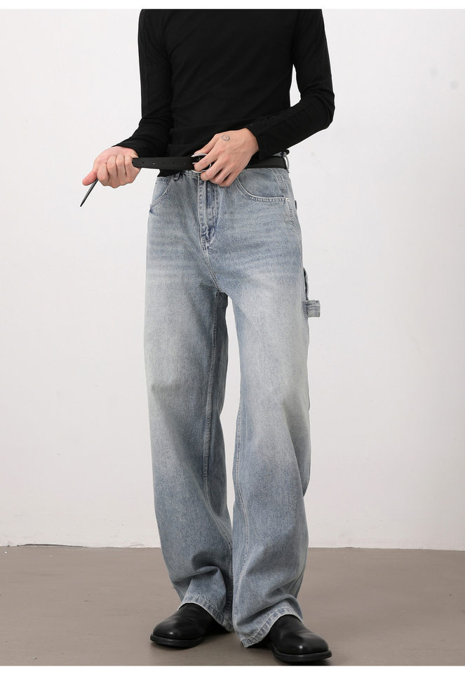 Quần jeans nam màu xanh nhạt dáng rộng ống đứng phong cách high street — Màu xanh dương chi tiết 16