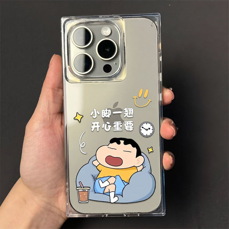 Suitable for Iphone16 Apple 16Pm Ice Crystal Square Transparent Mobile Phone Protective Case Protective Cover Crayon Shin-Chan Cute