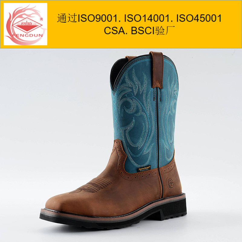 10英寸高帮疯马皮刺绣西部牛仔靴 固特异工艺防水工作鞋靴Cowboy