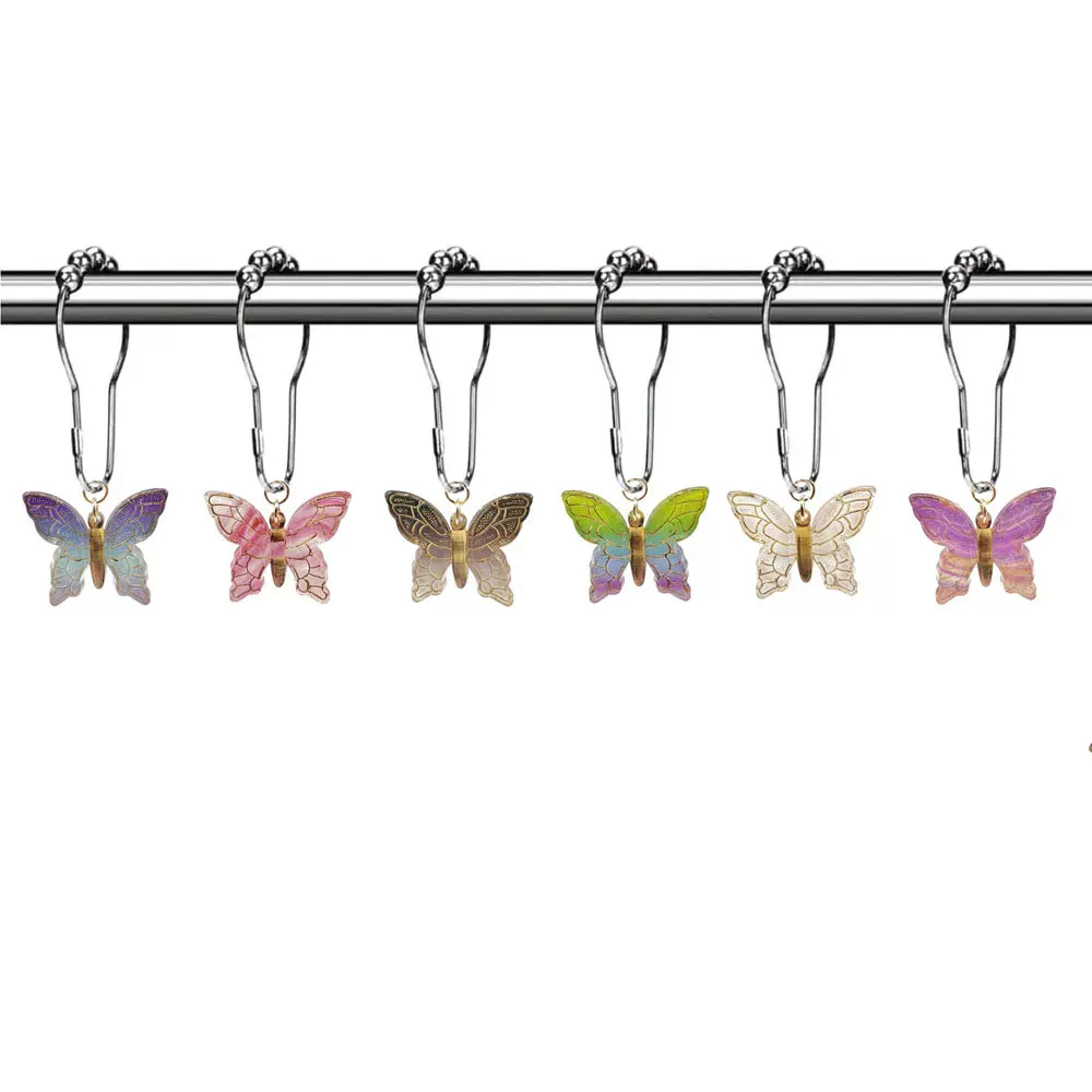 跨境彩色亚克力蝴蝶浴帘环钩浴室装饰浴帘杆防锈带滚珠浴帘钩批发