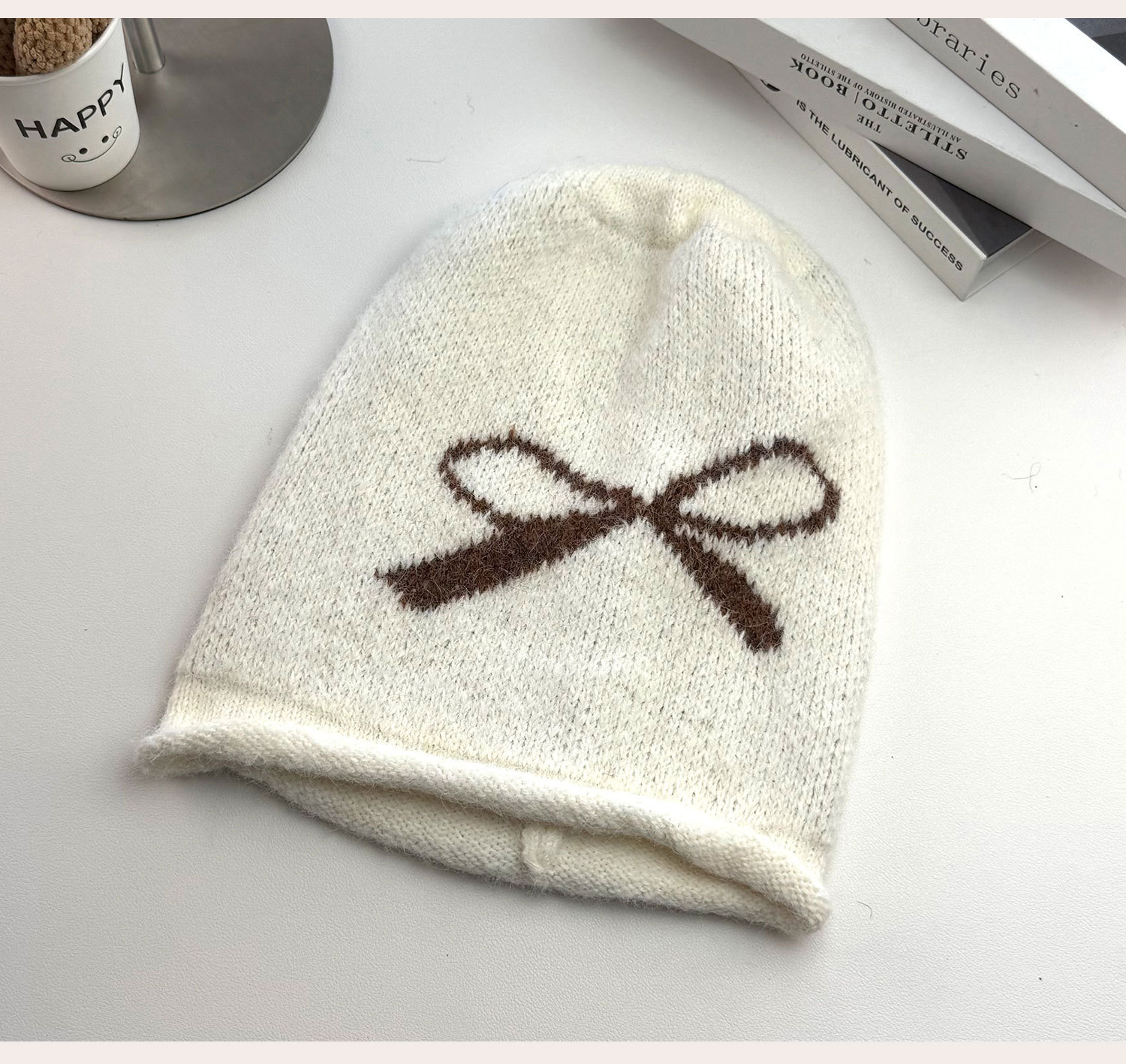 Herbst-Winter-Mütze mit Schleife im koreanischen Stil, schlicht, figurschmeichelnd, aus Wolle gestrickt, für Damen mit großem Kopfumfang, ideal für Outdoor-Aktivitäten_voghion.com