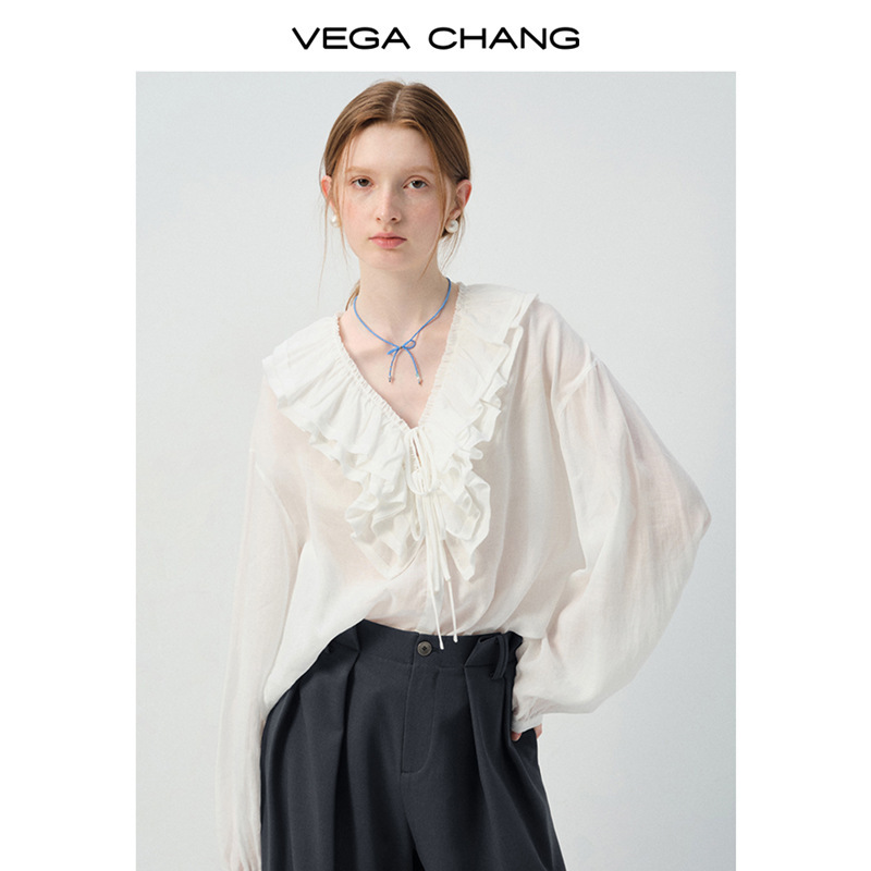 VEGA CHANG白色衬衫女2025秋季新款设计感法式V领荷叶边长袖上衣|undefined