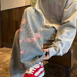 美式复古水洗做旧满印牛仔裤男潮牌春秋宽松直筒拖地vibe高街裤子