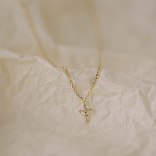 Niche design S925 sterling silver plated 14K gold cross INS cold style zircon stacked necklace for women clavicle chain