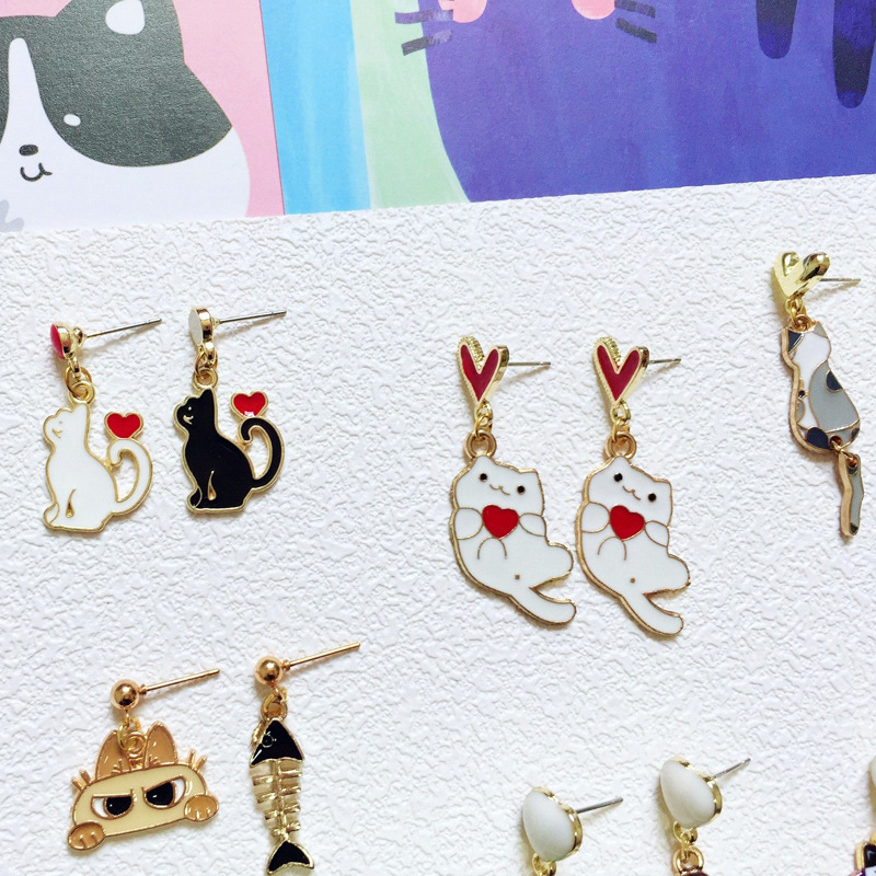 9g Weight Drop Earrings Classification 1 Pair Quantity Daily Occasion Alloy Material Cat Pattern Women'S Gender Enamel Design Cute Style Cute Cat Alloy Enamel Women's Drop Earrings 1 Pair 2
