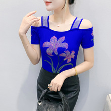 欧洲2025夏季新款重工镶钻双层冰丝网纱短袖时尚露肩美背小衫女潮