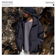 日系复古加厚拼接反光条连帽羽绒服男款冬季韩版潮流保暖羽绒外套