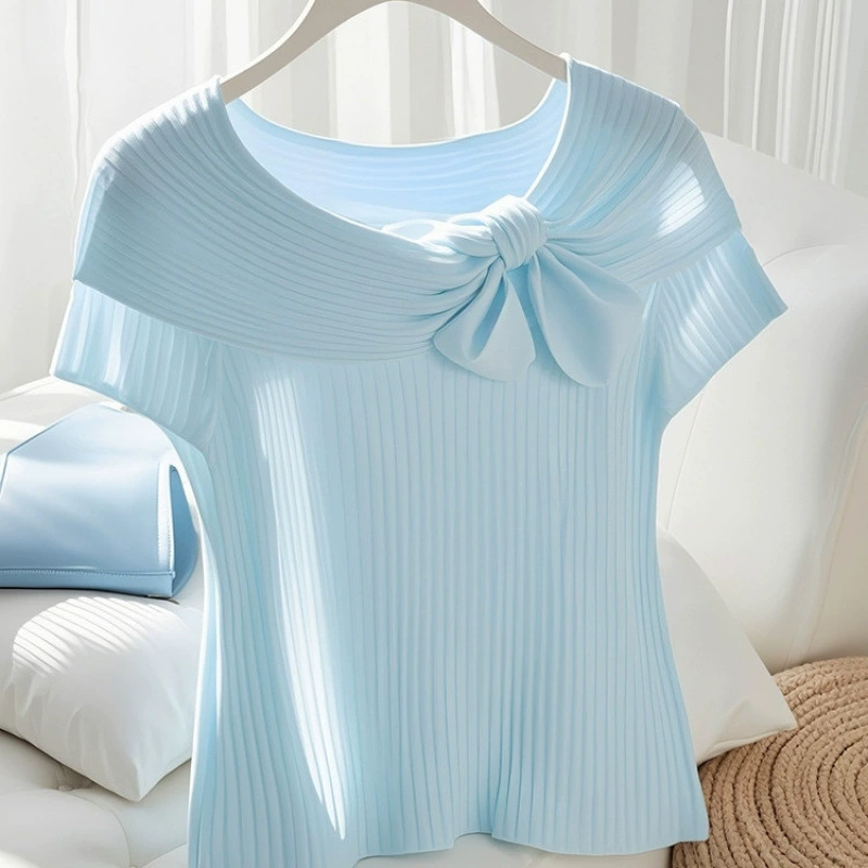2025 новый летний тонкий французский стиль светло-голубой ледяной шелк короткий рукав трикотажный топ для женщин ранняя осень