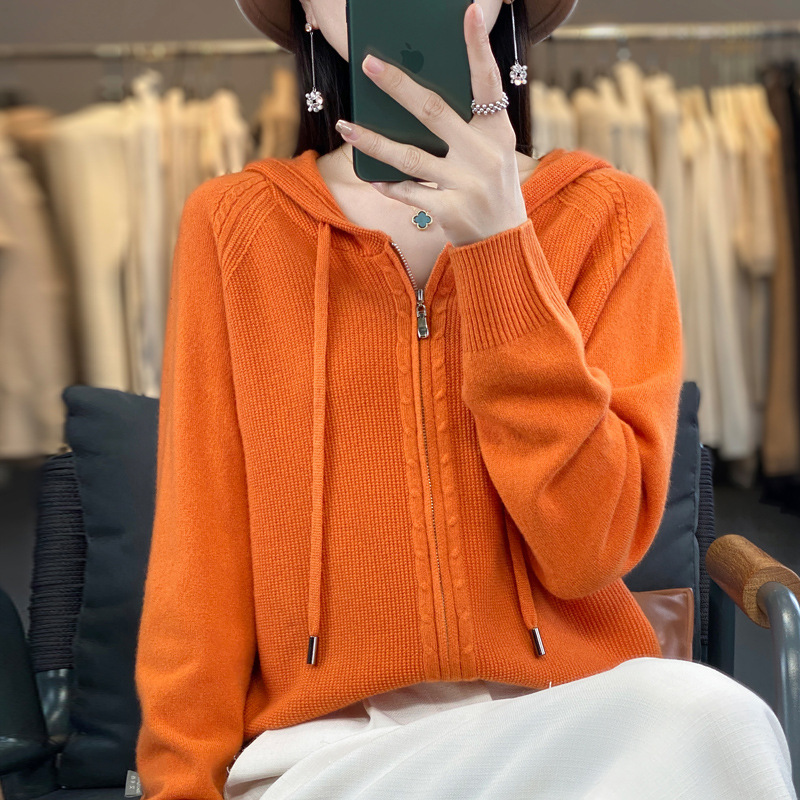 Hooded Zipper Sweater Jacket for Women Spring & Fall Short Hooded Hoodie Bottoming Autumn and Winter Thickeneded Hooded Knitted Cardigan for Women