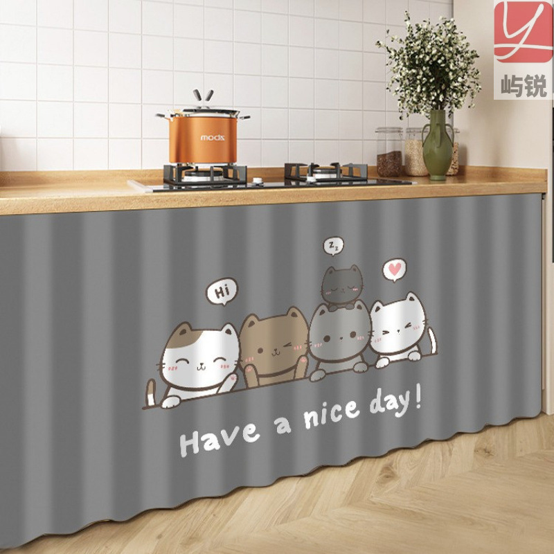 Kitchen cabinet door curtain with sliding track, no-drill fabric curtain for cabinet without doors, dust-proof cover for storage shelves, Yurui