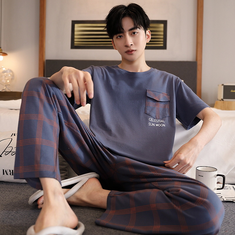 男士睡衣春秋夏季薄款纯棉短袖长裤大码青少年男生外穿家居服套装