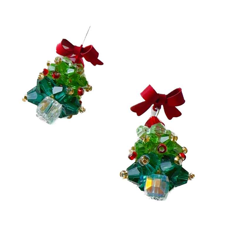Boucles d'oreilles en perles faites à la main pour fille mignonne avec nœud rouge et sapin de Noël_voghion.com