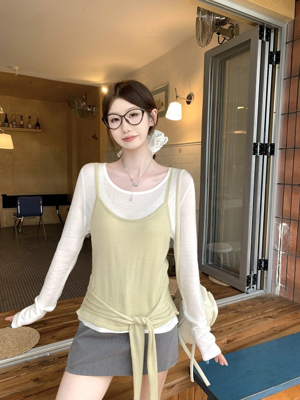韩系慵懒松弛感上衣女早秋长袖T恤气质针织衫两件套打底衫|undefined