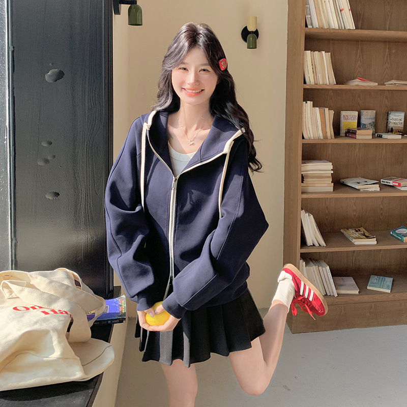 实拍撞色拼接连帽卫衣外套女2025春季新款学院风宽松休闲开衫上衣|undefined