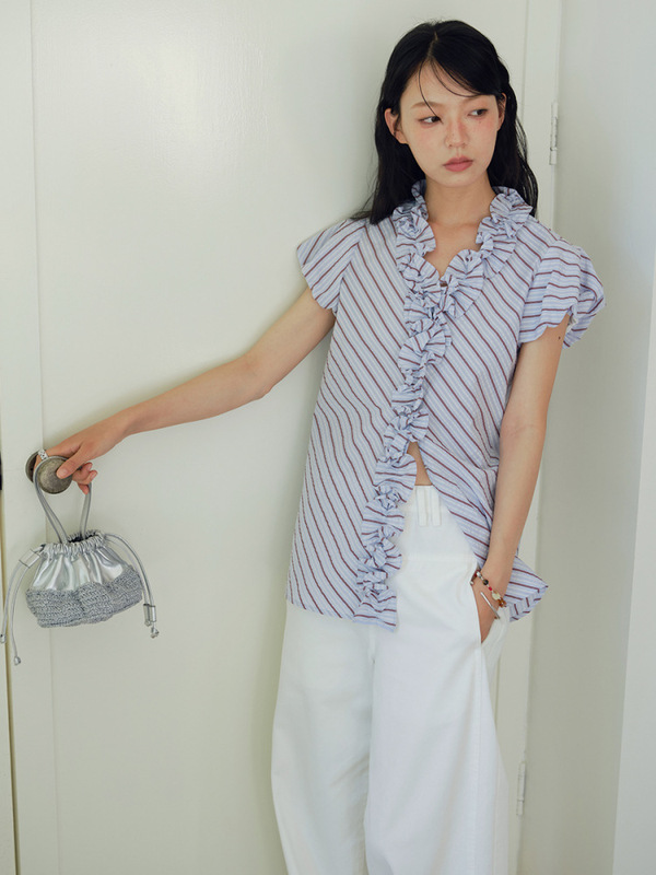 BLUEerror 肌理感花边v领蓝色条纹长袖衬衫女纯棉边衬衣早秋|undefined