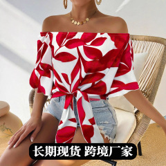 欧美时尚潮流女装早秋新款色丁缎面衬衫外贸印花露肩红色宽松衬衣
