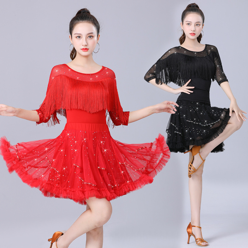 Women black red ballroom latin dresses female sequins tassels salsa rumba chacha Latin dance skirt modern traning dancing clothes for lady