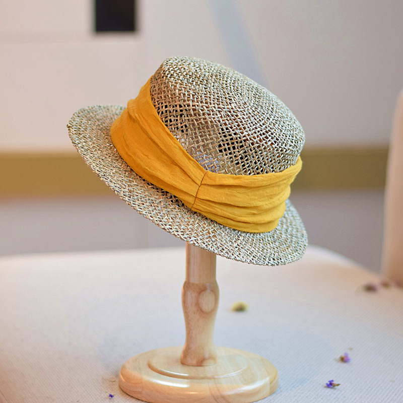 春夏フレンチレトロ塩海草中空織り小つばフラットトップハット女性用夏パナマつばの短い麦わら帽子