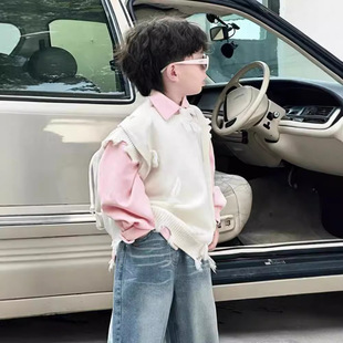 Boys' Autumn Wear Korean Style 2024 New Children's College Style Irregular Knitted Vest for Children Breaking Border Port Fashion