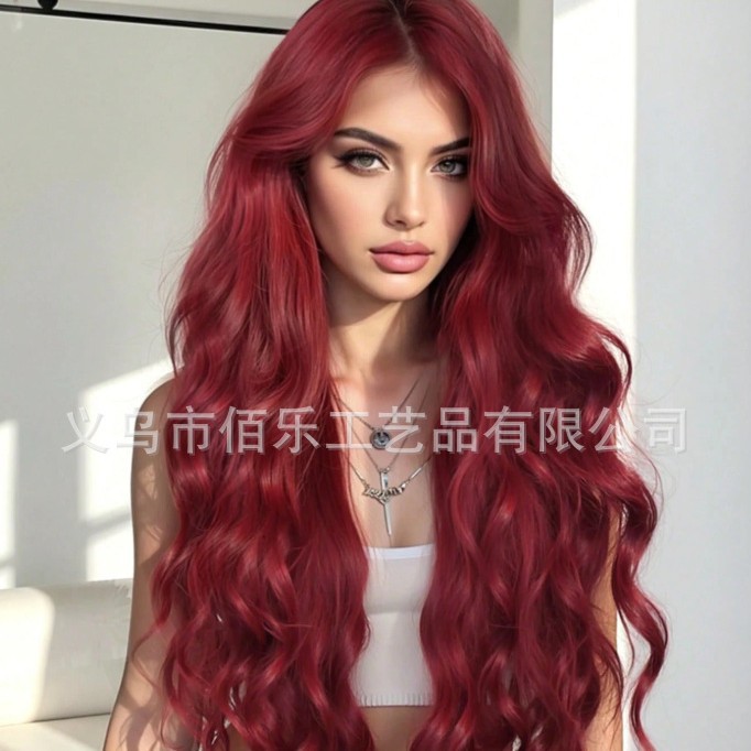 Peluca europea y americana burdeos, flequillo Qi, cabello largo y rizado, cubierta de cabeza completa, fibra química, wigs, punto transfronterizo al por mayor