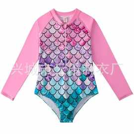 2025美人鱼跨境泳衣儿童长袖连体游泳防晒高弹沙滩装高弹舒适外贸