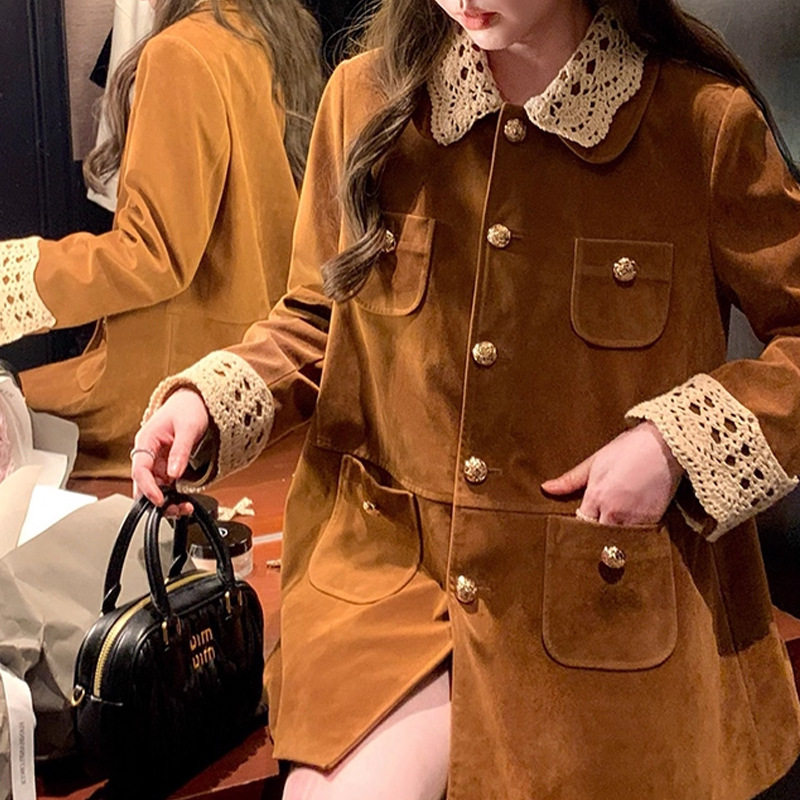 MIU系复古翻领中长款麂皮/丝绒外套工装风衣女美拉德穿搭上衣秋季|undefined