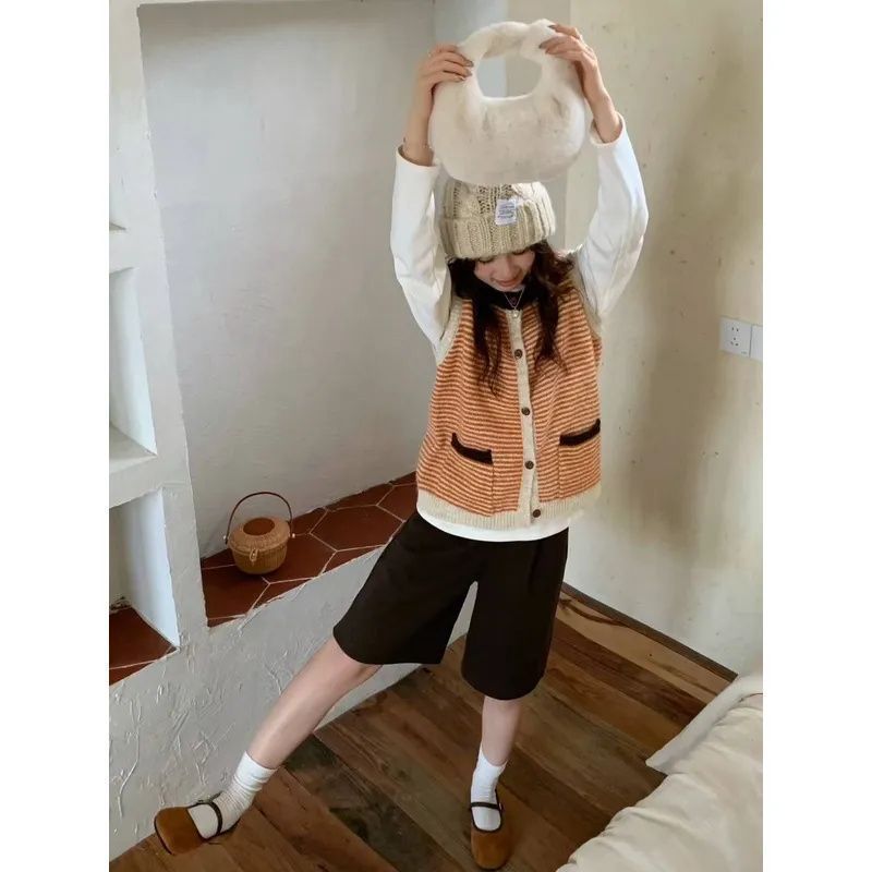 韩系撞色条纹无袖针织马甲背心女开衫宽松2025秋季减龄坎肩上衣短|undefined