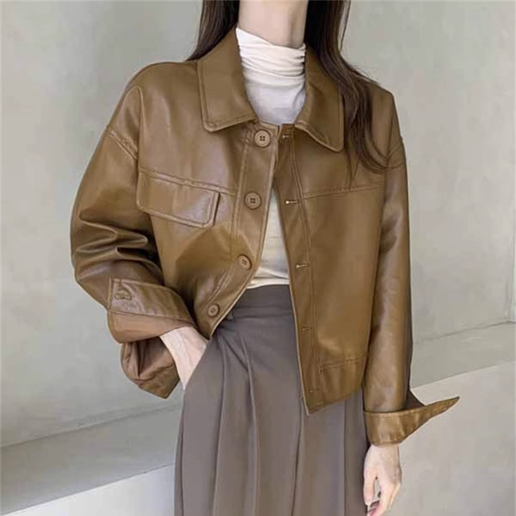 South Korea Chic Autumn Niche Handsome Lapel Single-breasted Loose Casual Long-sleeved Bearer Clothing Leather Short Coat Women