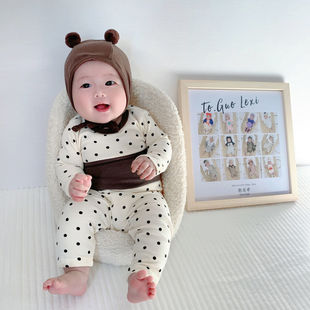 Children's Autumn Clothes and Autumn Trousers Category a Split Belly Protection Baby Intimates Set Polka Dot Linen Clothes Baby Home Zhaozhi Zheng