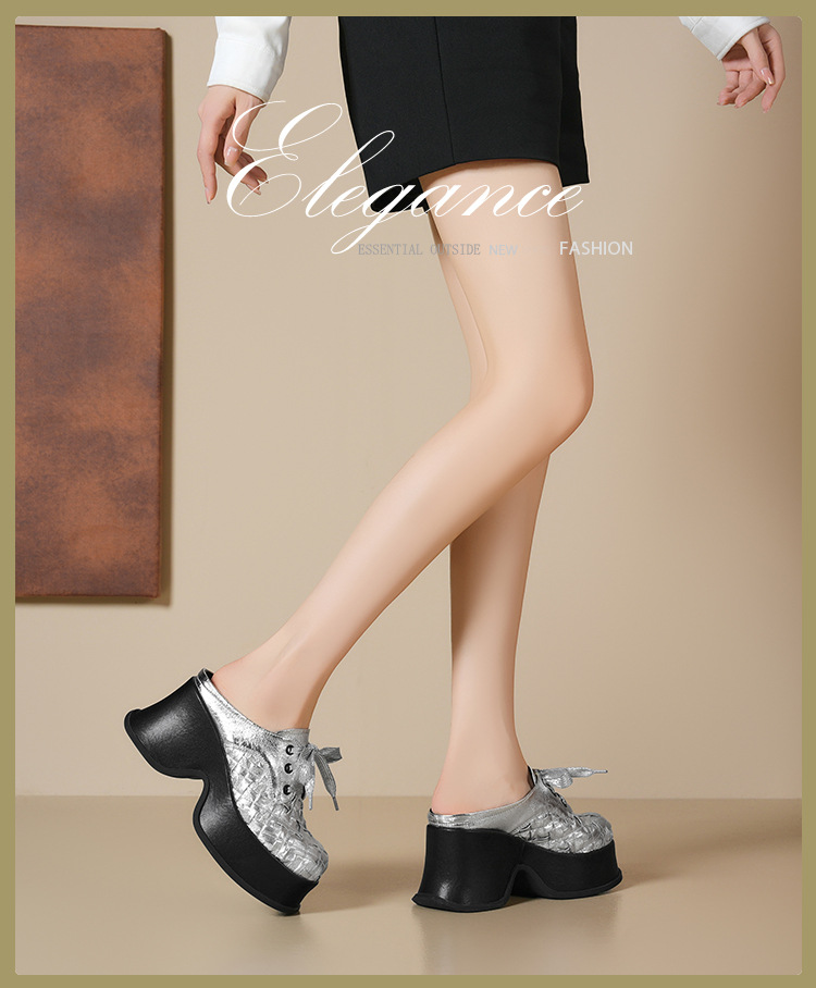 Giày mule nữ bít mũi đế dày da cừu màu bạc, gót 9cm, dệt kim, phong cách lười — Màu đen, Màu bạc chi tiết 1