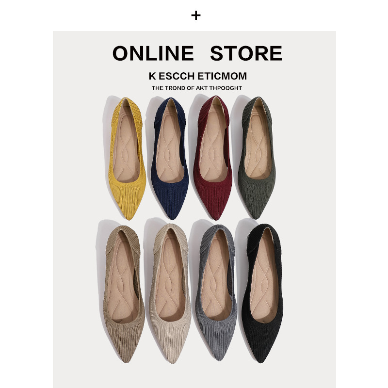 Japanese-Style Princess Shoes, New Mid-Heel Pointed Toe Shallow Single Shoes, Chunky Heel Knitted Fly-Knit Shoes, Korean-Style High Heels for Women